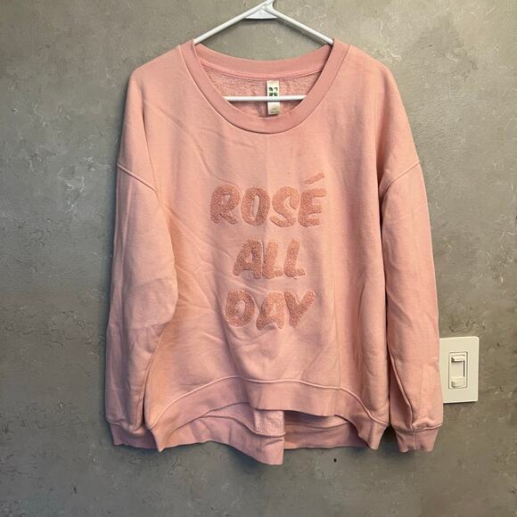 Green Tea Rosé All Day Pink Graphic Sweatshirt Large L Pullover Crewneck Fuzzy - Picture 4 of 11
